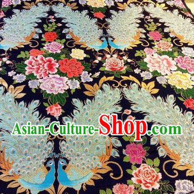 Asian Chinese Classical Peacock Peony Pattern Design Black Silk Fabric Traditional Nanjing Brocade Material