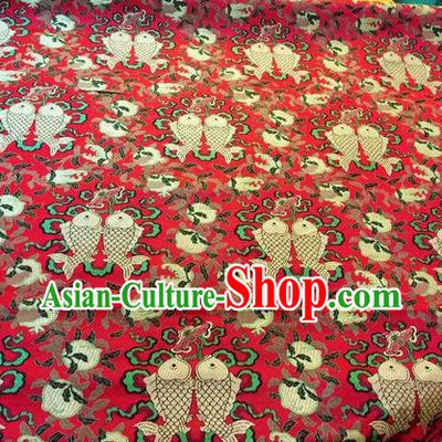 Asian Chinese Classical Peach Fish Pattern Design Red Silk Fabric Traditional Nanjing Brocade Material