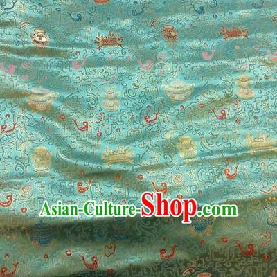 Asian Chinese Classical Eight Treasures Pattern Design Green Silk Fabric Traditional Nanjing Brocade Material