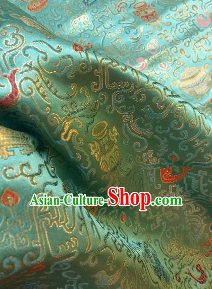 Asian Chinese Classical Eight Treasures Pattern Design Green Silk Fabric Traditional Nanjing Brocade Material Asian Chinese Classical Eight Treasures Pattern Design Green Silk Fabric Traditional Nanjing Brocade Material