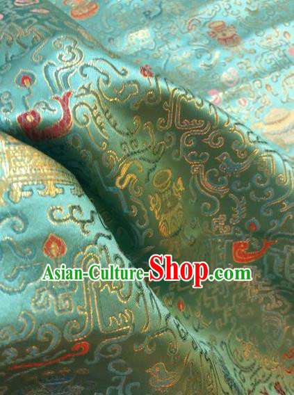 Asian Chinese Classical Eight Treasures Pattern Design Green Silk Fabric Traditional Nanjing Brocade Material Asian Chinese Classical Eight Treasures Pattern Design Green Silk Fabric Traditional Nanjing Brocade Material
