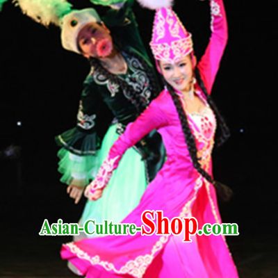 Chinese Traditional Kazakhstan Clothes Folk Dance Ethnic Dress and Hat Complete Set for Women