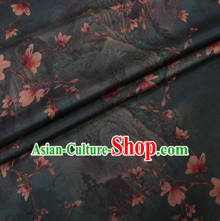 Asian Chinese Classical Yulan Magnolia Pattern Design Atrovirens Watered Gauze Fabric Traditional Silk Material Asian Chinese Classical Yulan Magnolia Pattern Design Atrovirens Watered Gauze Fabric Traditional Silk Material