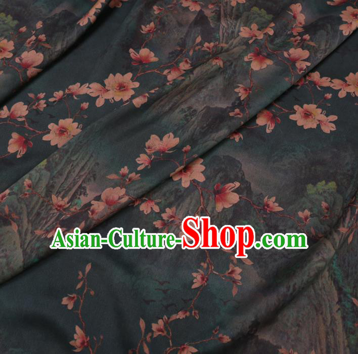 Asian Chinese Classical Yulan Magnolia Pattern Design Atrovirens Watered Gauze Fabric Traditional Silk Material Asian Chinese Classical Yulan Magnolia Pattern Design Atrovirens Watered Gauze Fabric Traditional Silk Material