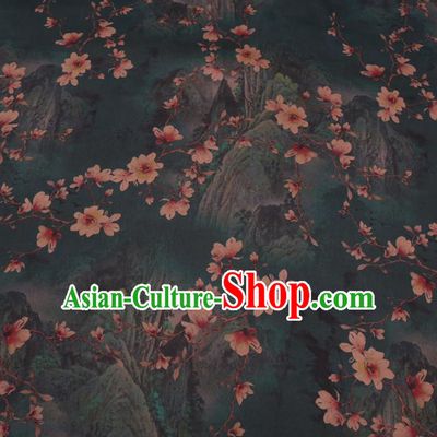 Asian Chinese Classical Yulan Magnolia Pattern Design Atrovirens Watered Gauze Fabric Traditional Silk Material