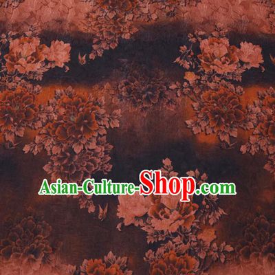 Asian Chinese Classical Peony Pattern Design Brown Watered Gauze Fabric Traditional Silk Material