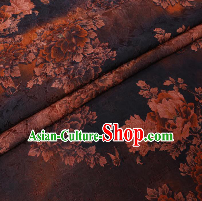 Asian Chinese Classical Peony Pattern Design Brown Watered Gauze Fabric Traditional Silk Material Asian Chinese Classical Peony Pattern Design Brown Watered Gauze Fabric Traditional Silk Material