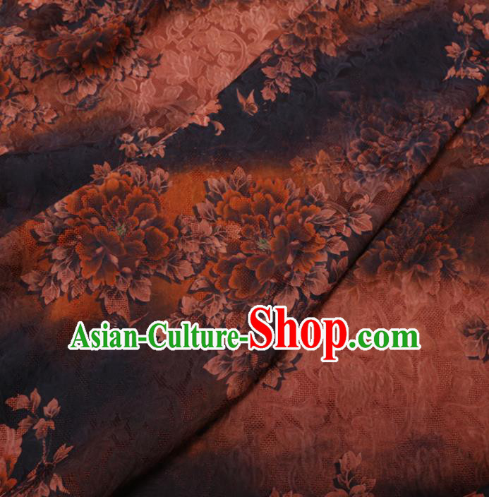 Asian Chinese Classical Peony Pattern Design Brown Watered Gauze Fabric Traditional Silk Material Asian Chinese Classical Peony Pattern Design Brown Watered Gauze Fabric Traditional Silk Material