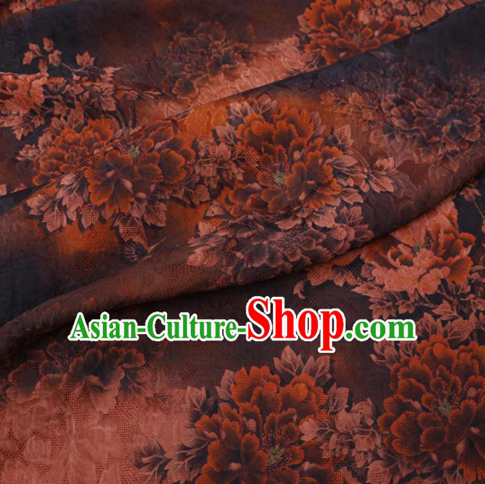 Asian Chinese Classical Peony Pattern Design Brown Watered Gauze Fabric Traditional Silk Material Asian Chinese Classical Peony Pattern Design Brown Watered Gauze Fabric Traditional Silk Material