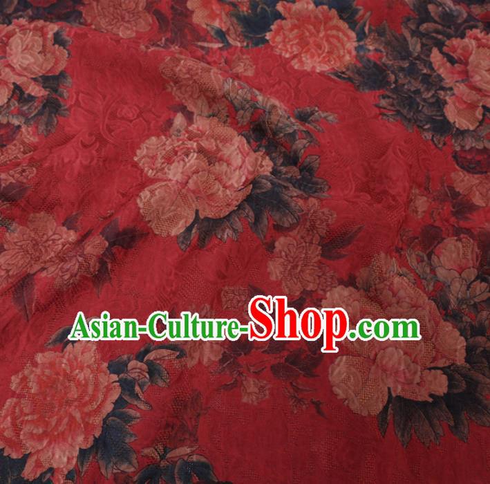 Asian Chinese Classical Peony Flowers Pattern Design Red Watered Gauze Fabric Traditional Silk Material Asian Chinese Classical Peony Flowers Pattern Design Red Watered Gauze Fabric Traditional Silk Material