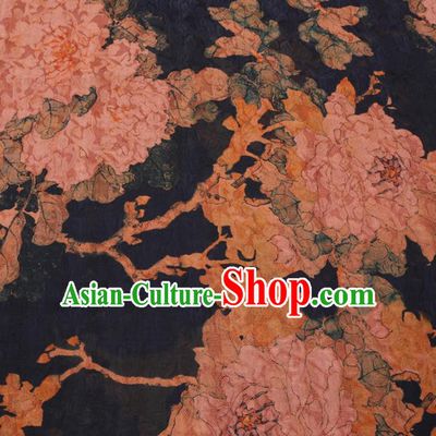 Asian Chinese Classical Peony Pattern Design Navy Watered Gauze Fabric Traditional Silk Material