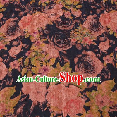 Asian Chinese Classical Peony Pattern Design Black Watered Gauze Fabric Traditional Silk Material