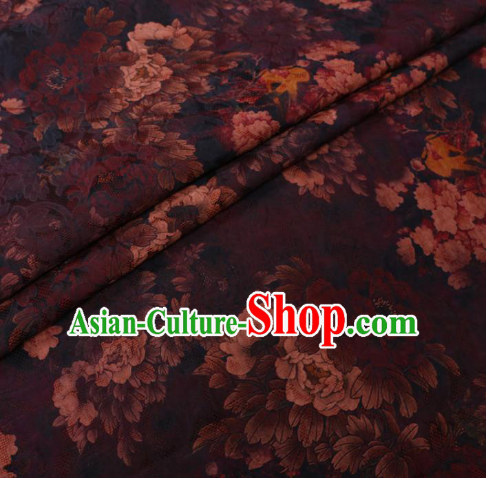 Asian Chinese Classical Peony Pattern Design Black Watered Gauze Fabric Traditional Silk Material Asian Chinese Classical Peony Pattern Design Black Watered Gauze Fabric Traditional Silk Material