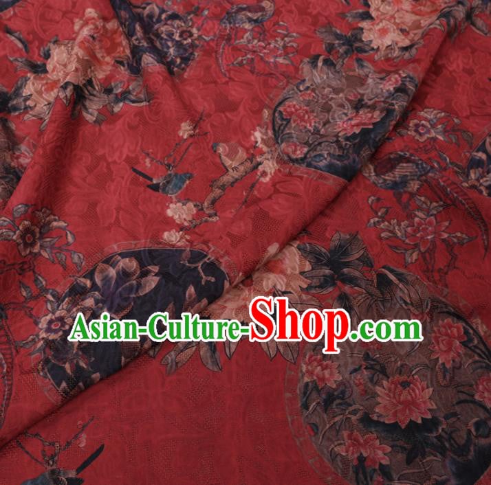 Chinese Classical Peony Plum Pattern Design Red Watered Gauze Fabric Asian Traditional Silk Material Chinese Classical Peony Plum Pattern Design Red Watered Gauze Fabric Asian Traditional Silk Material