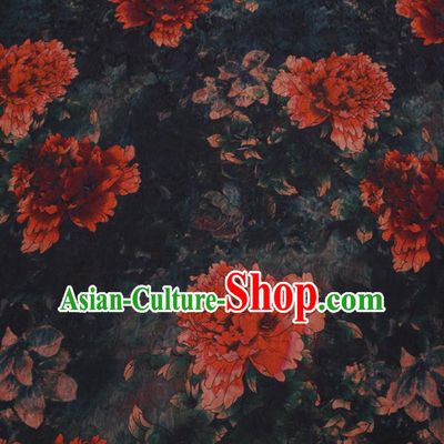 Chinese Classical Peony Flowers Pattern Design Black Watered Gauze Fabric Asian Traditional Silk Material