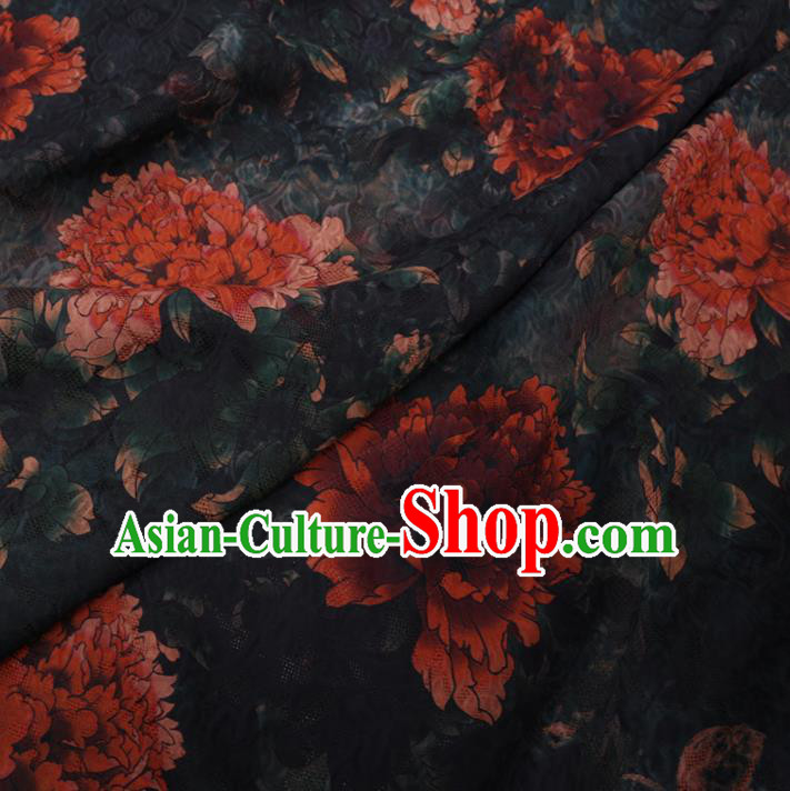 Chinese Classical Peony Flowers Pattern Design Black Watered Gauze Fabric Asian Traditional Silk Material Chinese Classical Peony Flowers Pattern Design Black Watered Gauze Fabric Asian Traditional Silk Material