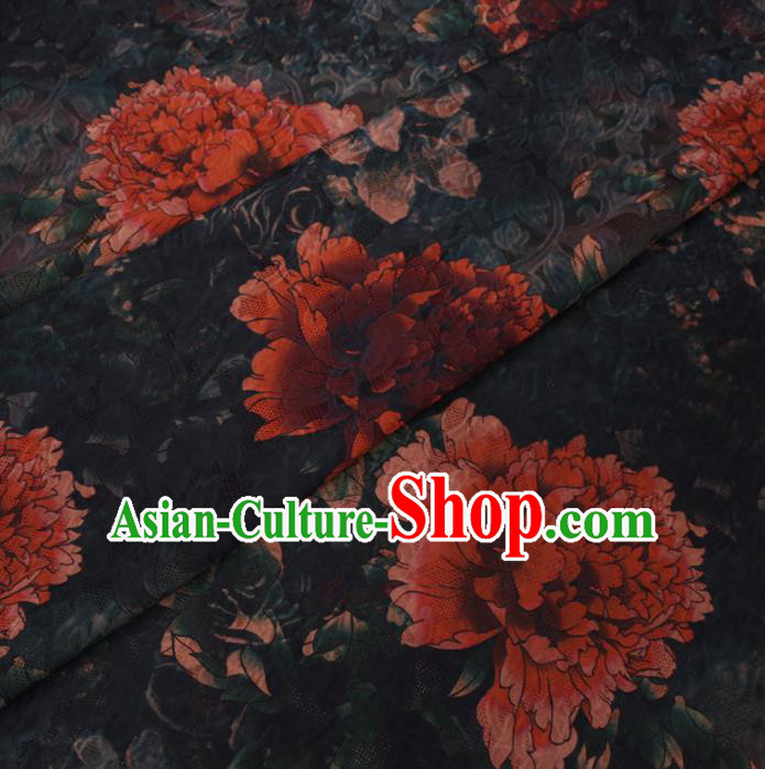 Chinese Classical Peony Flowers Pattern Design Black Watered Gauze Fabric Asian Traditional Silk Material Chinese Classical Peony Flowers Pattern Design Black Watered Gauze Fabric Asian Traditional Silk Material