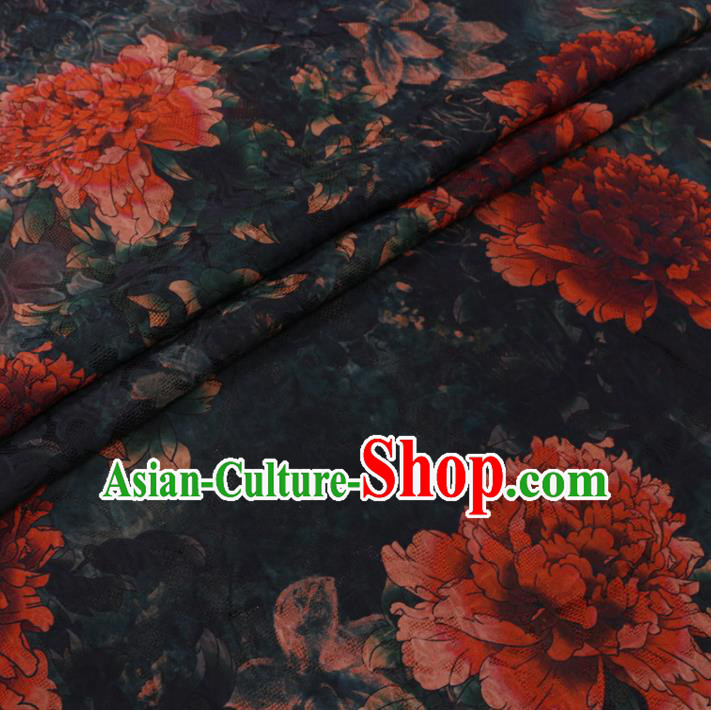 Chinese Classical Peony Flowers Pattern Design Black Watered Gauze Fabric Asian Traditional Silk Material Chinese Classical Peony Flowers Pattern Design Black Watered Gauze Fabric Asian Traditional Silk Material