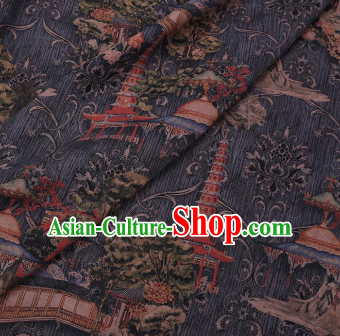 Chinese Cheongsam Classical Tower Pattern Design Grey Watered Gauze Fabric Asian Traditional Silk Material Chinese Cheongsam Classical Tower Pattern Design Grey Watered Gauze Fabric Asian Traditional Silk Material