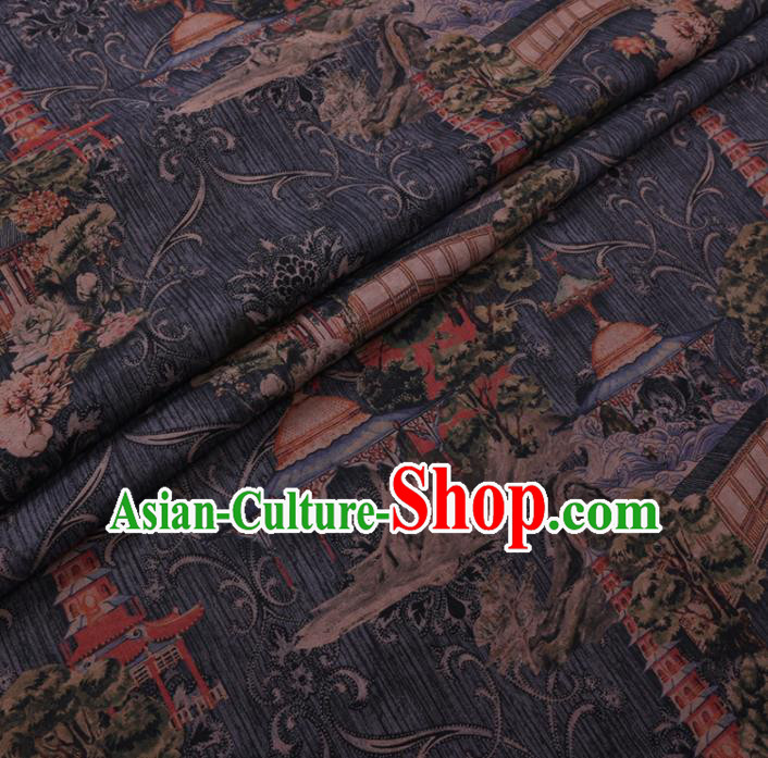 Chinese Cheongsam Classical Tower Pattern Design Grey Watered Gauze Fabric Asian Traditional Silk Material Chinese Cheongsam Classical Tower Pattern Design Grey Watered Gauze Fabric Asian Traditional Silk Material