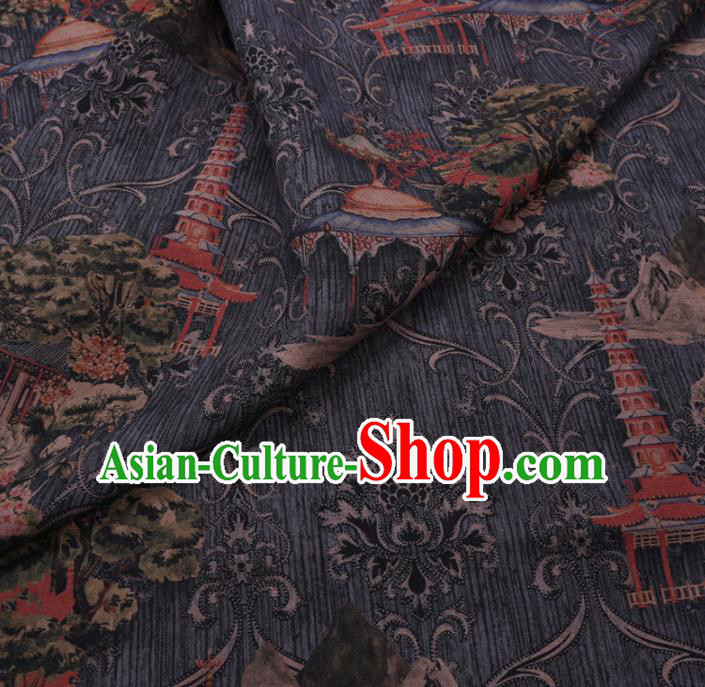 Chinese Cheongsam Classical Tower Pattern Design Grey Watered Gauze Fabric Asian Traditional Silk Material Chinese Cheongsam Classical Tower Pattern Design Grey Watered Gauze Fabric Asian Traditional Silk Material