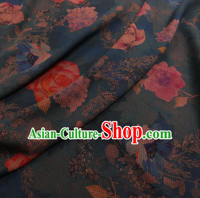 Chinese Cheongsam Classical Roses Pattern Design Blue Watered Gauze Fabric Asian Traditional Silk Material Chinese Cheongsam Classical Roses Pattern Design Blue Watered Gauze Fabric Asian Traditional Silk Material