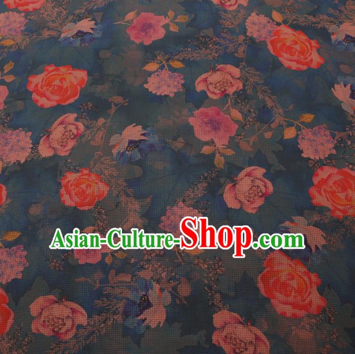 Chinese Cheongsam Classical Roses Pattern Design Blue Watered Gauze Fabric Asian Traditional Silk Material Chinese Cheongsam Classical Roses Pattern Design Blue Watered Gauze Fabric Asian Traditional Silk Material