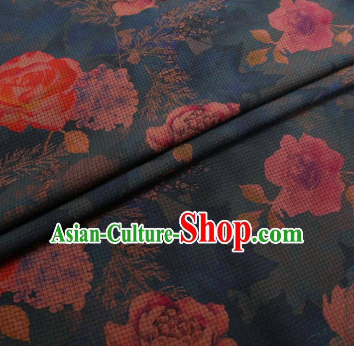 Chinese Cheongsam Classical Roses Pattern Design Blue Watered Gauze Fabric Asian Traditional Silk Material Chinese Cheongsam Classical Roses Pattern Design Blue Watered Gauze Fabric Asian Traditional Silk Material