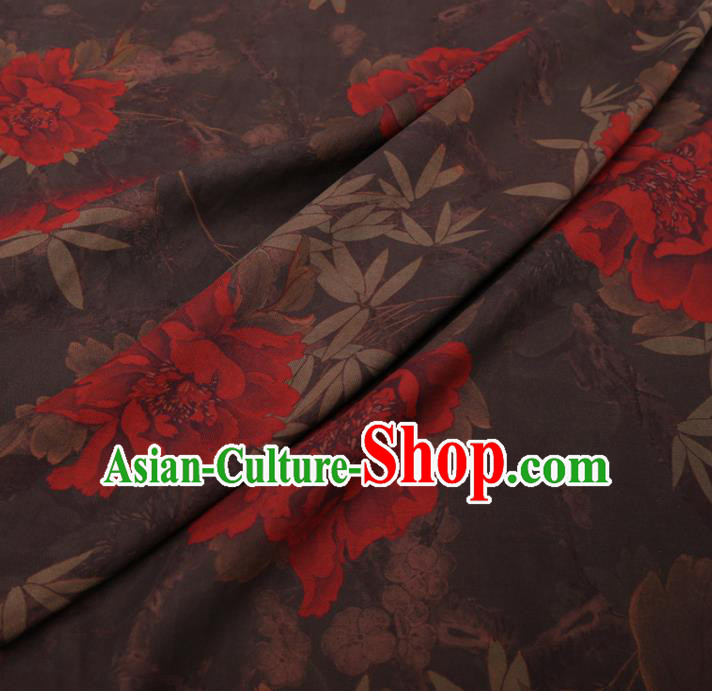 Chinese Cheongsam Classical Peony Pattern Design Brown Watered Gauze Fabric Asian Traditional Silk Material Chinese Cheongsam Classical Peony Pattern Design Brown Watered Gauze Fabric Asian Traditional Silk Material