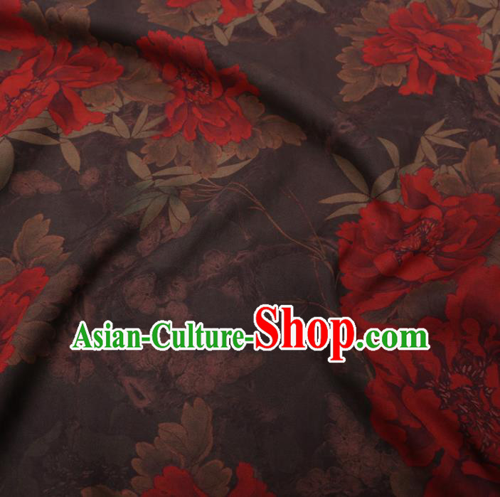 Chinese Cheongsam Classical Peony Pattern Design Brown Watered Gauze Fabric Asian Traditional Silk Material Chinese Cheongsam Classical Peony Pattern Design Brown Watered Gauze Fabric Asian Traditional Silk Material