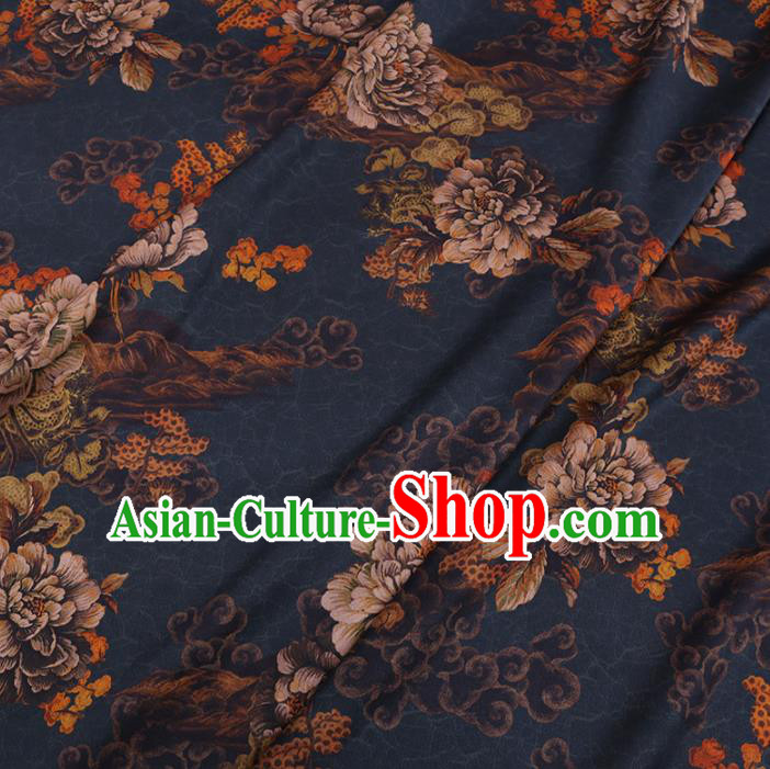 Chinese Cheongsam Classical Peony Pattern Design Navy Watered Gauze Fabric Asian Traditional Silk Material Chinese Cheongsam Classical Peony Pattern Design Navy Watered Gauze Fabric Asian Traditional Silk Material
