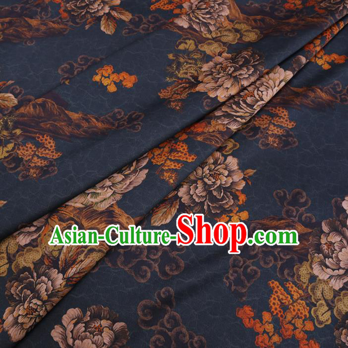 Chinese Cheongsam Classical Peony Pattern Design Navy Watered Gauze Fabric Asian Traditional Silk Material Chinese Cheongsam Classical Peony Pattern Design Navy Watered Gauze Fabric Asian Traditional Silk Material