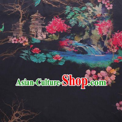 Chinese Cheongsam Classical Peach Blossom Lotus Pattern Design Black Watered Gauze Fabric Asian Traditional Silk Material