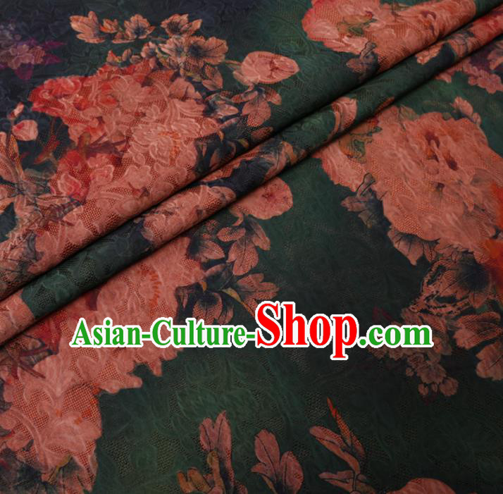 Asian Chinese Classical Peony Pattern Design Deep Green Watered Gauze Fabric Traditional Silk Material Asian Chinese Classical Peony Pattern Design Deep Green Watered Gauze Fabric Traditional Silk Material
