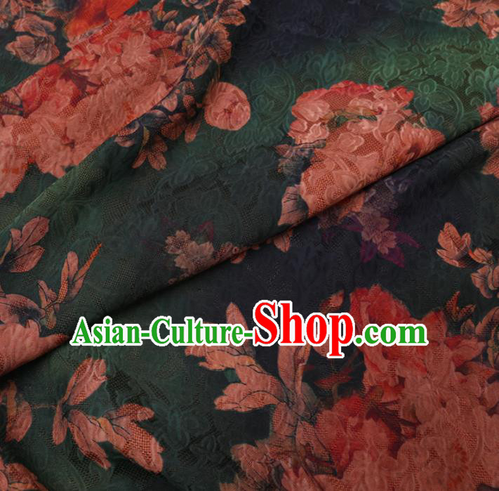 Asian Chinese Classical Peony Pattern Design Deep Green Watered Gauze Fabric Traditional Silk Material Asian Chinese Classical Peony Pattern Design Deep Green Watered Gauze Fabric Traditional Silk Material