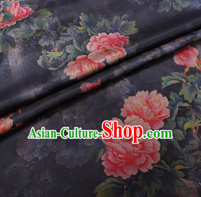 Chinese Cheongsam Classical Peony Pattern Design Navy Watered Gauze Fabric Asian Traditional Silk Material