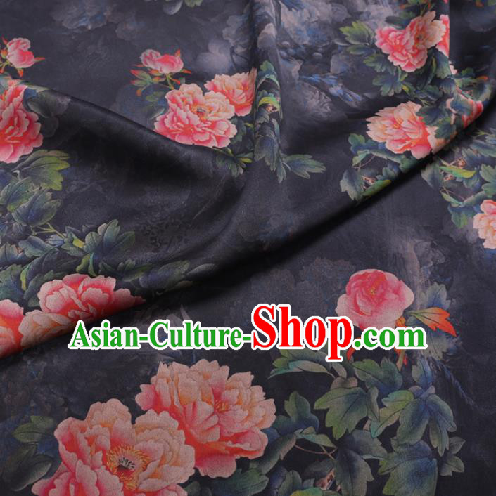 Chinese Cheongsam Classical Peony Pattern Design Navy Watered Gauze Fabric Asian Traditional Silk Material