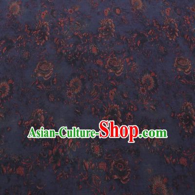 Chinese Cheongsam Classical Flowers Pattern Design Navy Watered Gauze Fabric Asian Traditional Silk Material