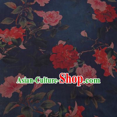 Chinese Cheongsam Classical Peony Flowers Pattern Design Navy Watered Gauze Fabric Asian Traditional Silk Material