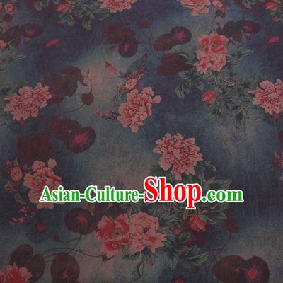 Chinese Cheongsam Classical Peony Pattern Design Deep Blue Watered Gauze Fabric Asian Traditional Silk Material