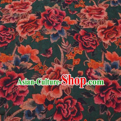 Asian Chinese Classical Peony Butterfly Pattern Design Deep Green Watered Gauze Fabric Traditional Silk Material