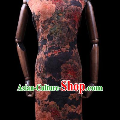 Chinese Cheongsam Classical Peony Pattern Design Black Watered Gauze Fabric Asian Traditional Silk Material