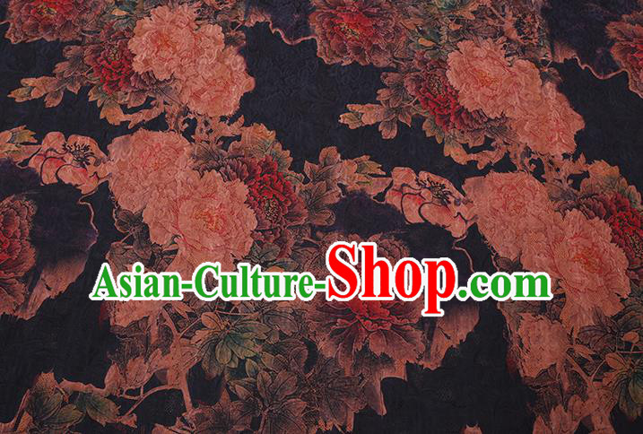 Chinese Cheongsam Classical Peony Pattern Design Black Watered Gauze Fabric Asian Traditional Silk Material