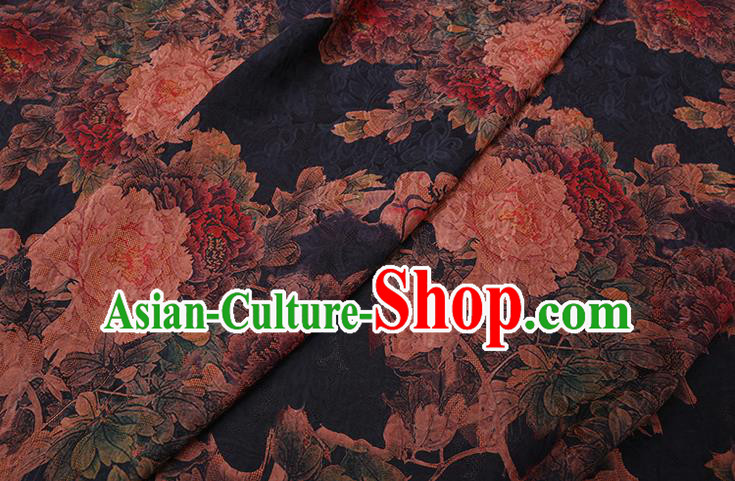 Chinese Cheongsam Classical Peony Pattern Design Black Watered Gauze Fabric Asian Traditional Silk Material