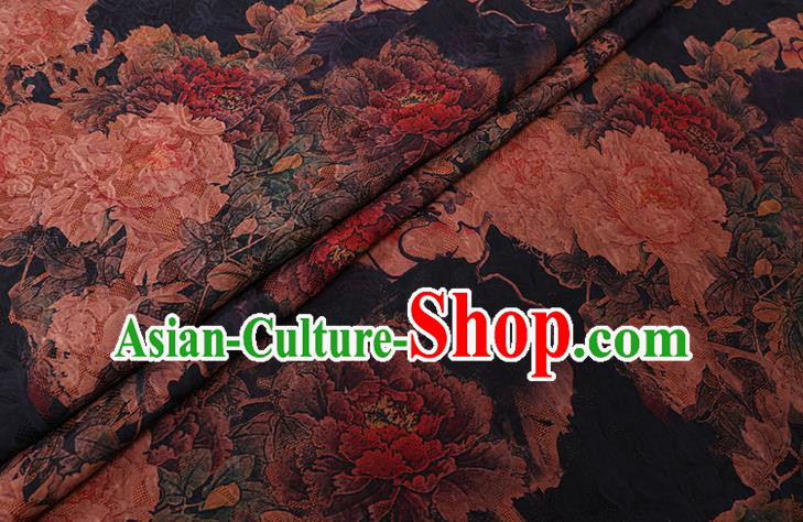 Chinese Cheongsam Classical Peony Pattern Design Black Watered Gauze Fabric Asian Traditional Silk Material