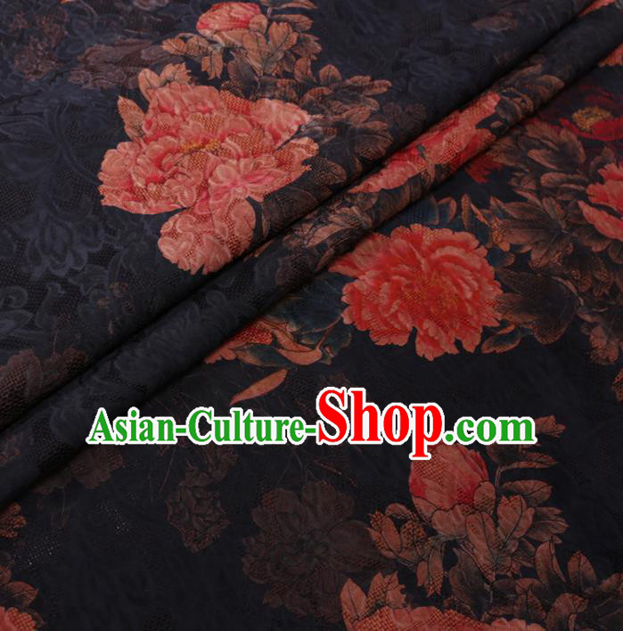Chinese Cheongsam Classical Peony Pattern Design Black Watered Gauze Fabric Asian Traditional Silk Material Chinese Cheongsam Classical Peony Pattern Design Black Watered Gauze Fabric Asian Traditional Silk Material