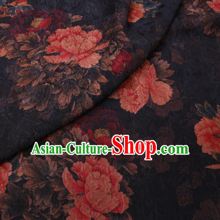 Chinese Cheongsam Classical Peony Pattern Design Black Watered Gauze Fabric Asian Traditional Silk Material Chinese Cheongsam Classical Peony Pattern Design Black Watered Gauze Fabric Asian Traditional Silk Material