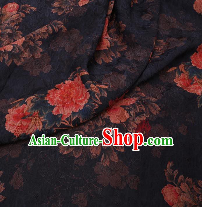 Chinese Cheongsam Classical Peony Pattern Design Black Watered Gauze Fabric Asian Traditional Silk Material Chinese Cheongsam Classical Peony Pattern Design Black Watered Gauze Fabric Asian Traditional Silk Material