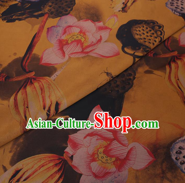 Chinese Cheongsam Classical Lotus Pattern Design Yellow Watered Gauze Fabric Asian Traditional Silk Material Chinese Cheongsam Classical Lotus Pattern Design Yellow Watered Gauze Fabric Asian Traditional Silk Material