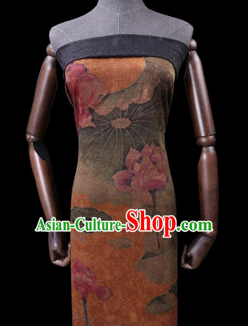 Chinese Cheongsam Classical Lotus Pattern Design Orange Watered Gauze Fabric Asian Traditional Silk Material Chinese Cheongsam Classical Lotus Pattern Design Orange Watered Gauze Fabric Asian Traditional Silk Material